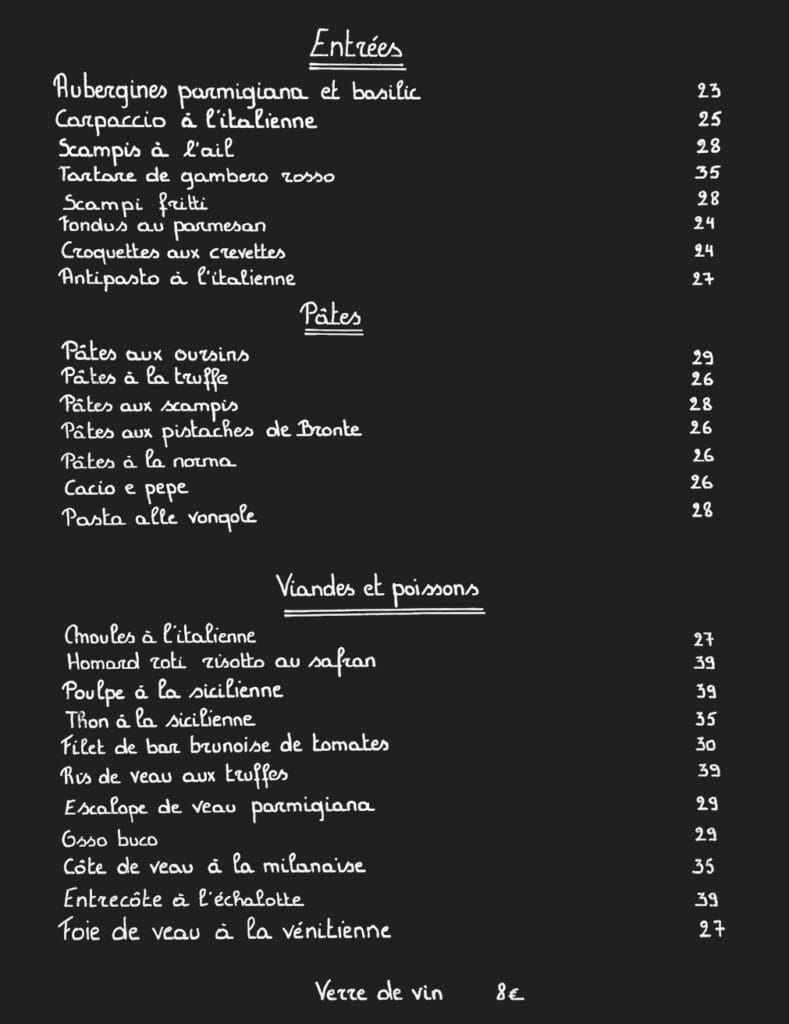 Carte du Restaurant Gentile du 28 juillet 2025